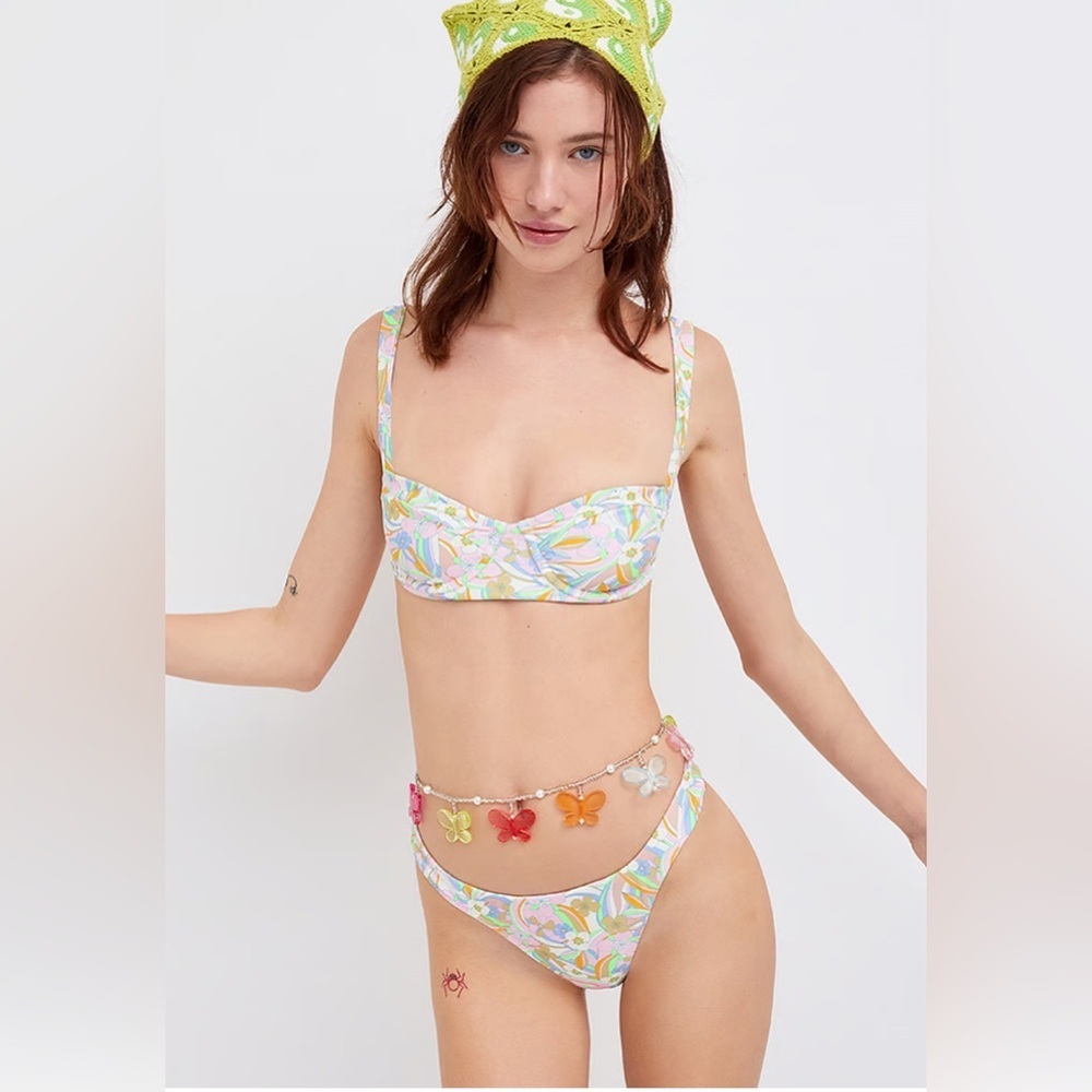 NWT FOR LOVE & LEMONS Green and Pink Devon Underwire Bikini Top and Bottoms
